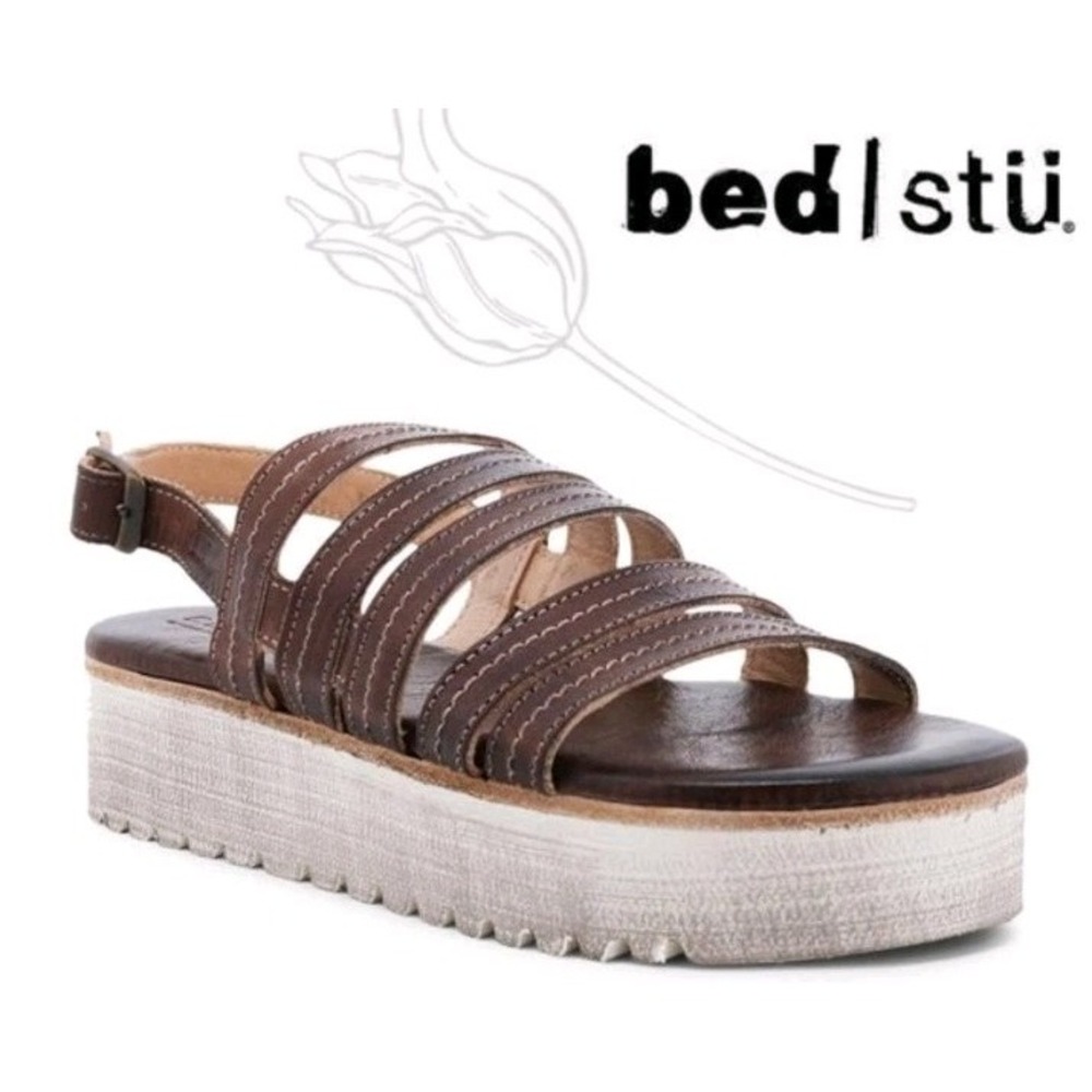 Bed Stu Ensley Teak Rustic leather platform heel slingback sandals Women 8